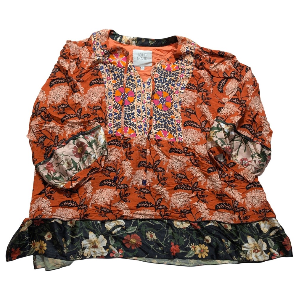 John Mark Womens 1X Orange Mixed Print Embroidered Beaded Peasant Blouse Top
